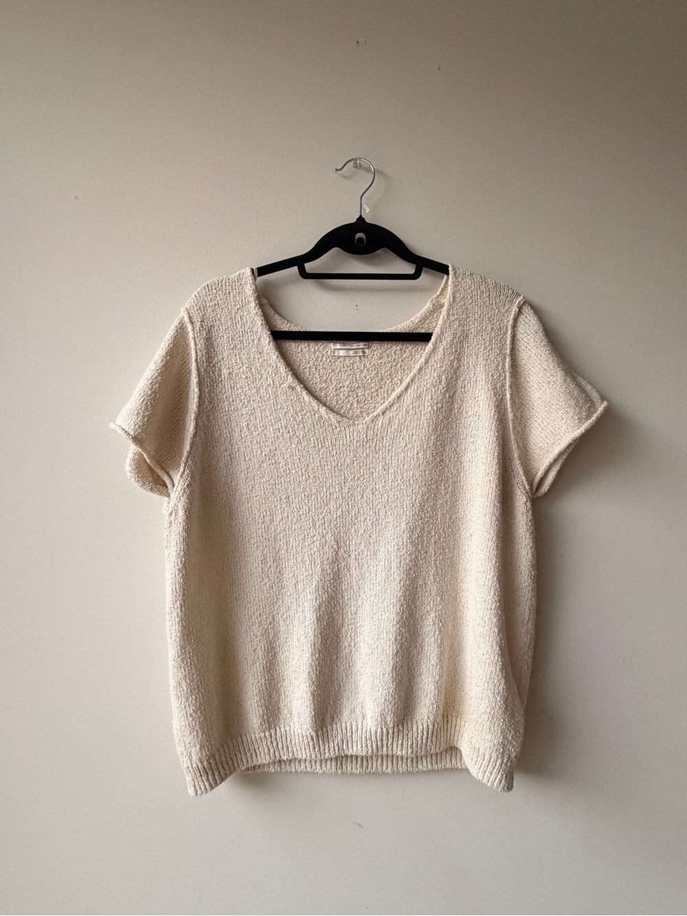 Anthropologie Cream Short-Sleeve V-Neck Knit Top